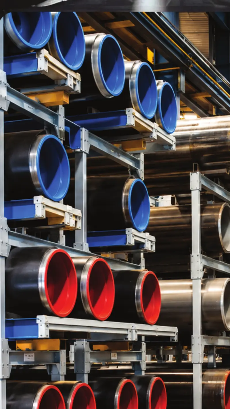 Industrial pipes in organised storage racks